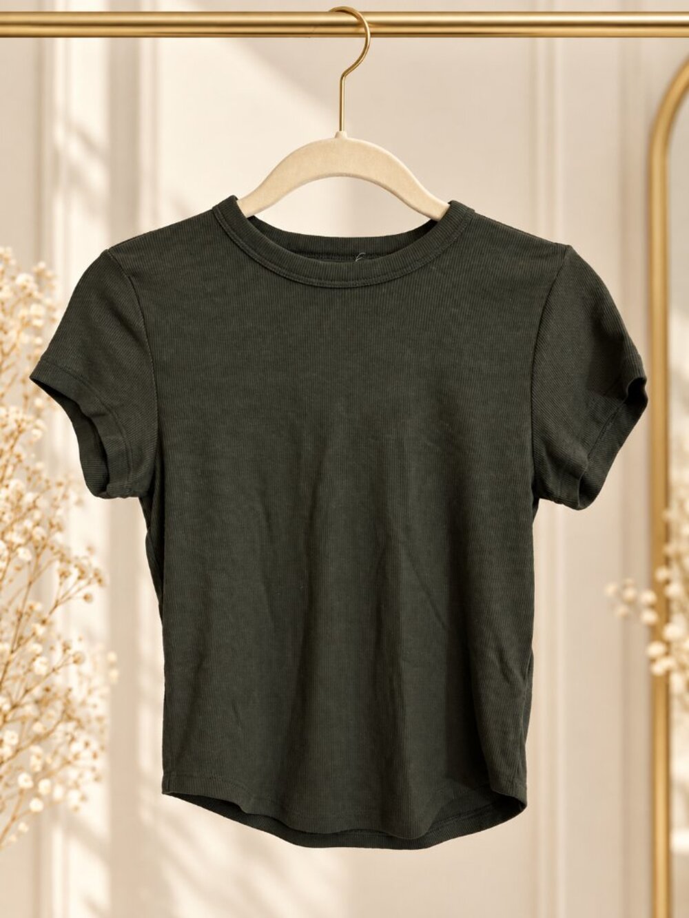 Dark Olive Green Ribbed Short Sleeve Crew Neck Tee Curved Hem Minimalist Basic